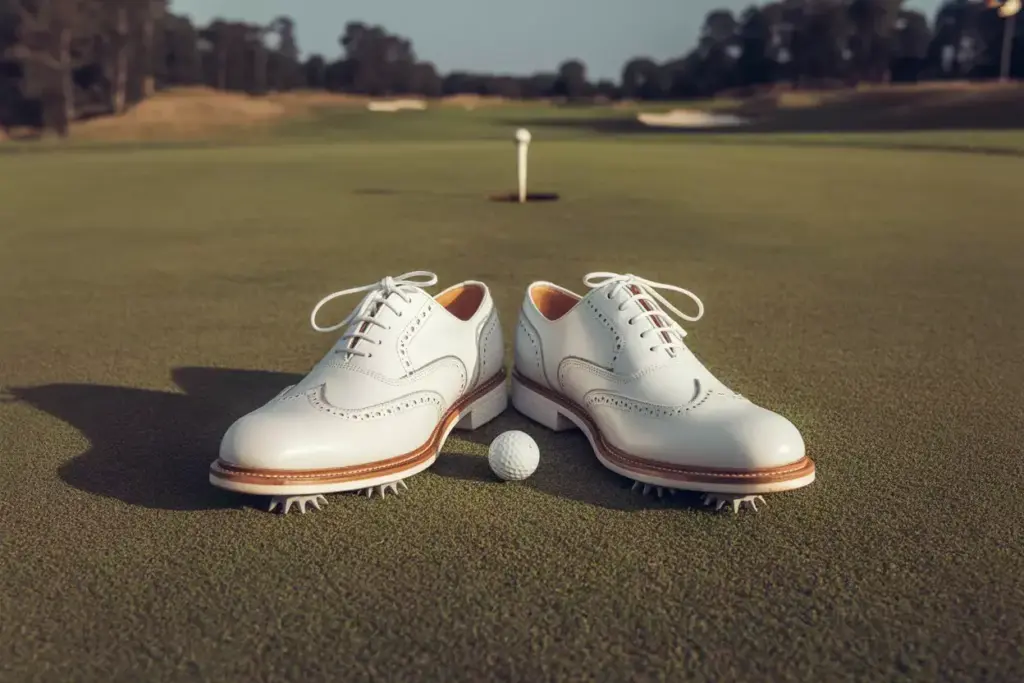 White Wingtip Golf Shoes On A Tee Box At Golden Hour