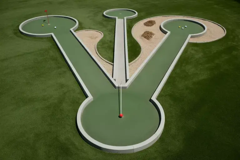 A Top Down View Of A Forked Mini Golf Hole With A Safe Long Route And A Risky Narrow Elevated Shortcut