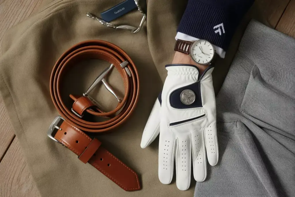 Flat Lay Of Leather Belt Golf Glove And Classic Watch