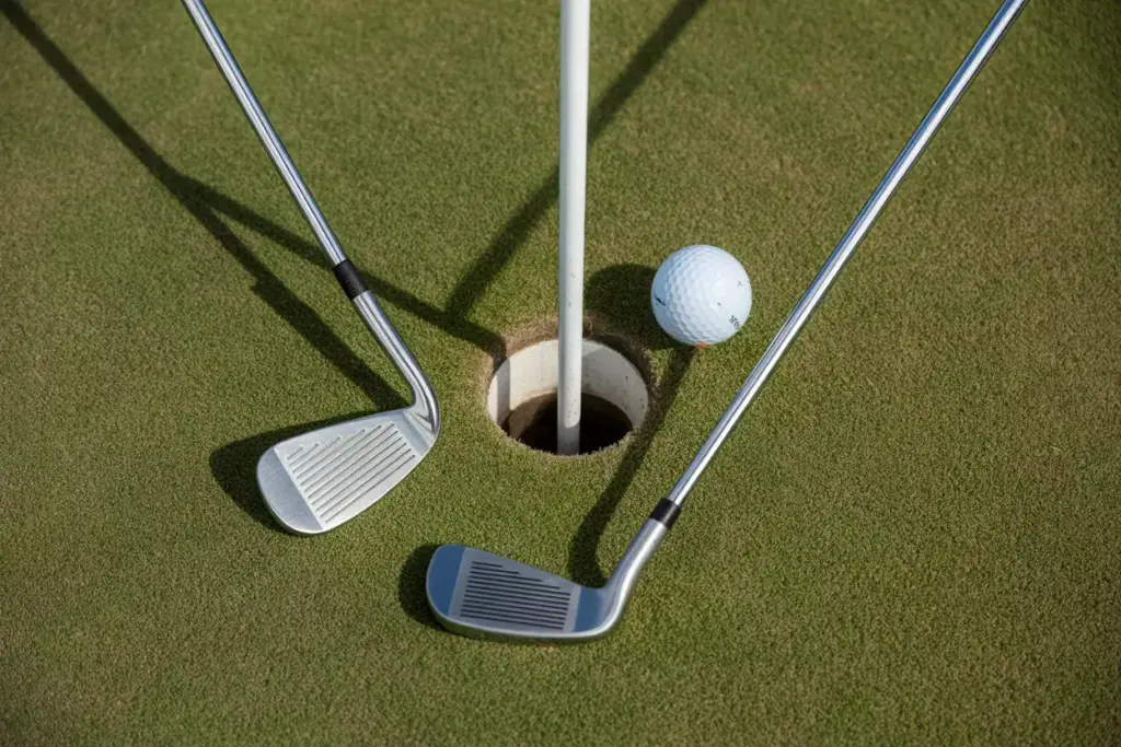 Overhead View Of 8 And 9 Irons On Putting Green Near Hole