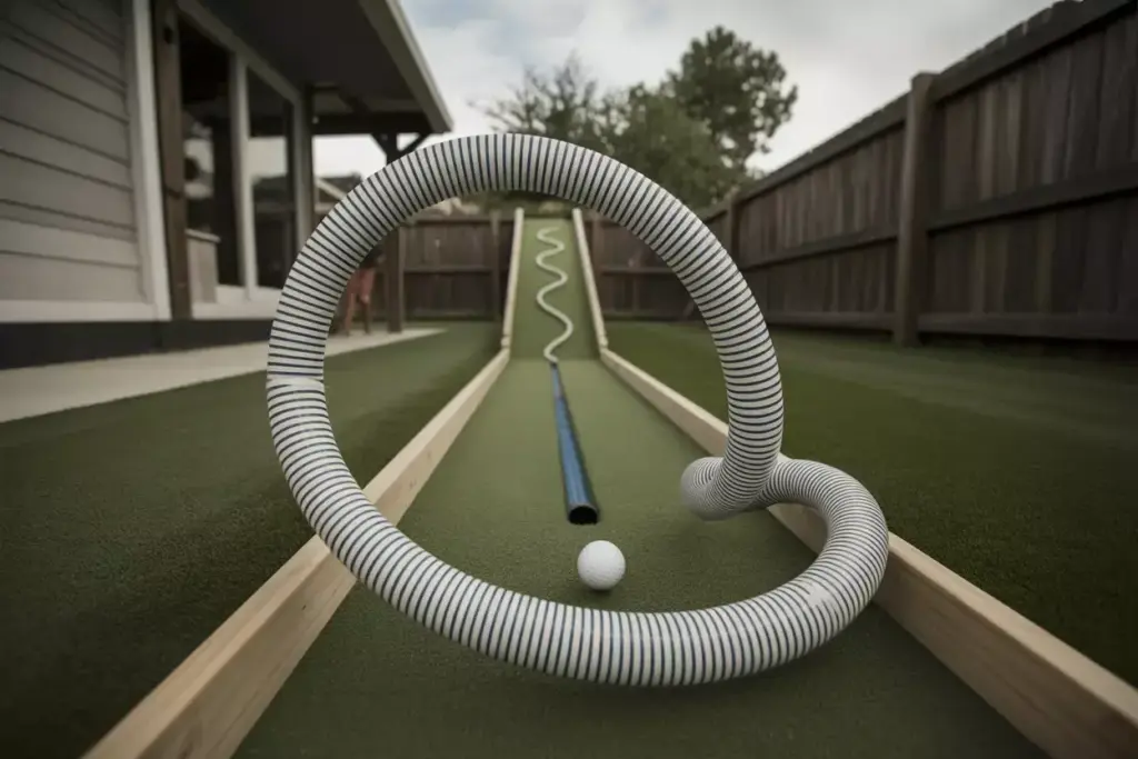 A Golf Ball Traversing A Complete Vertical Loop Made Of Pvc Pipe On A Sturdy Frame In A Backyard