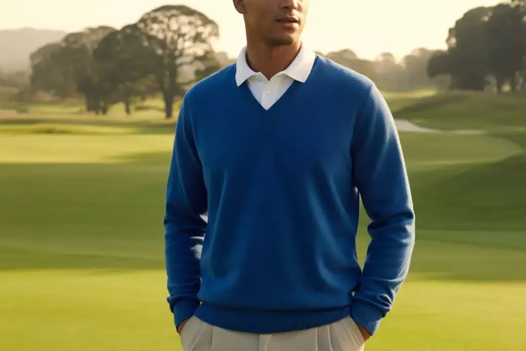Navy V Neck Sweater Layered Over Polo On Golf Course