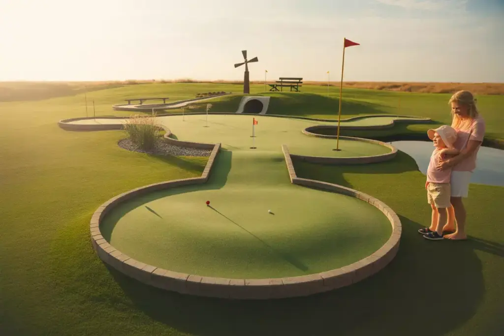 A Multi Level Championship Mini Golf Finale Hole With Combined Obstacles And A Family Spectating In The Backyard