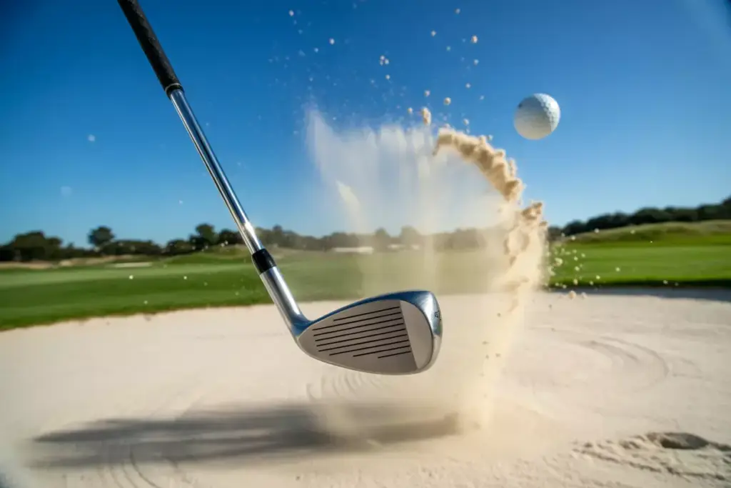 Sand Wedge Blasting Ball From Bunker With Sand Spray