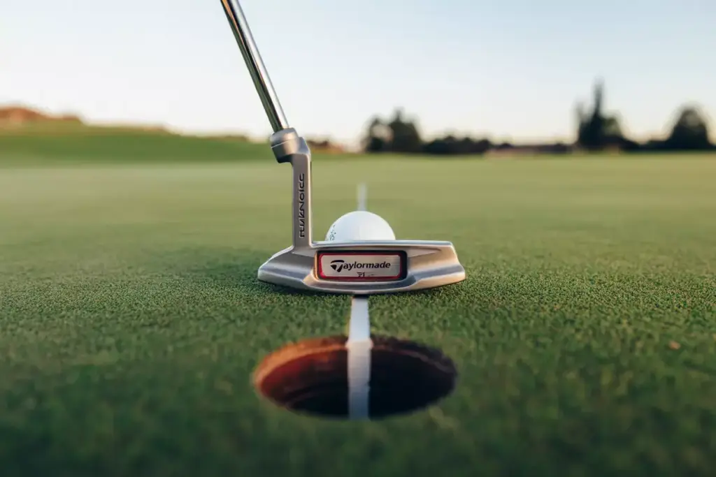 Golfers View Down Modern Mallet Putter Aligned With Hole