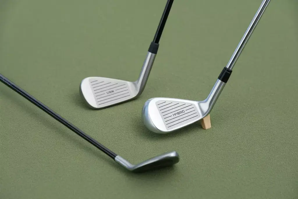 A Hybrid Club And Long Iron Side By Side On A Range Mat Showcasing Forgiveness