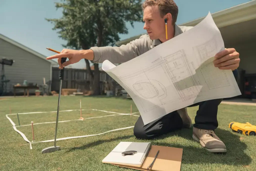 A Homeowner In Casual Clothes Reviewing A Blueprint And Marking A Potential Green Site In A Sunlit Backyard With A House In The Background