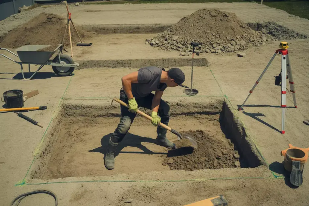 A Person Excavating A Rectangular Area In The Ground With Tools And A Laser Level For Site Preparation