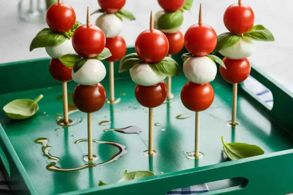Tee Time Caprese Skewers On Green Tray With Tomato Mozzarella Basil