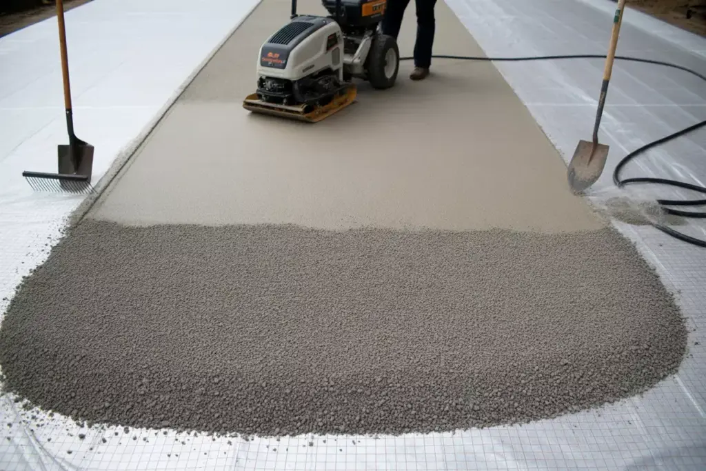 A Plate Compactor Creating A Flat And Dense Base Layer Of Crushed Stone Over Geotextile Fabric