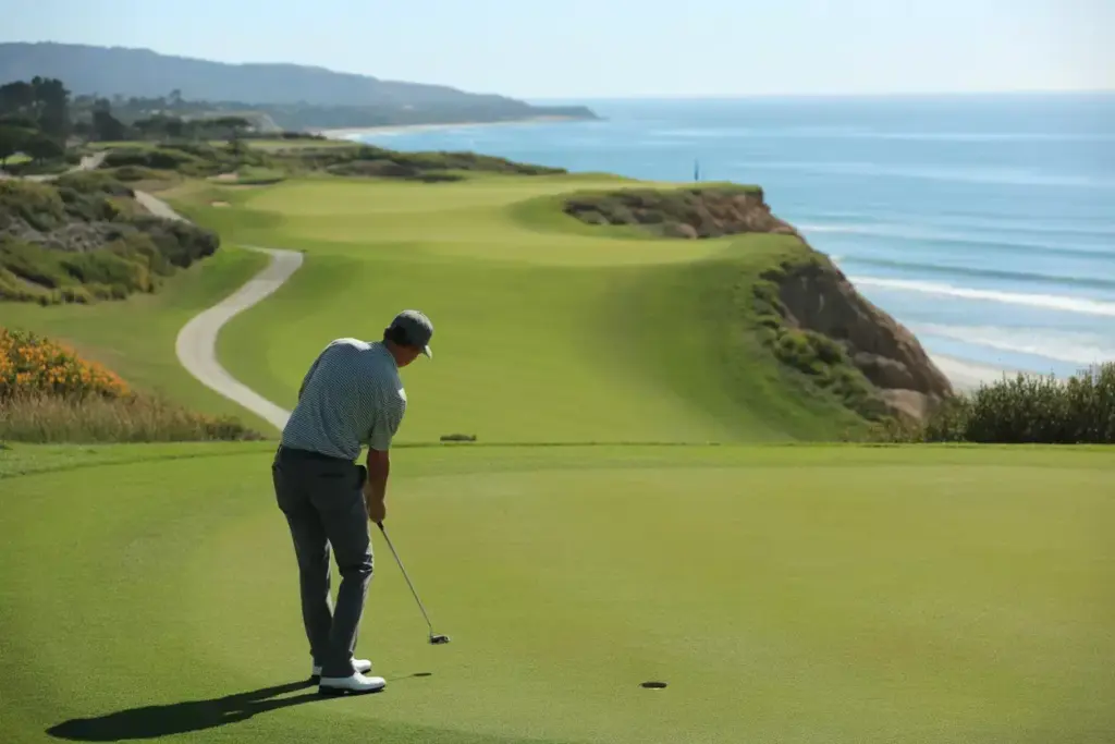 Torrey Pines South Course Golfer Putting Pacific Ocean Backdrop