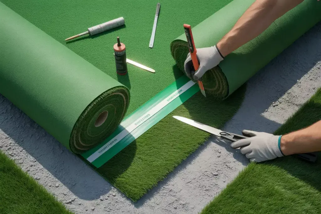 Overhead View Of Synthetic Putting Turf Rolls Being Aligned And Seamed On A Compacted Aggregate Base