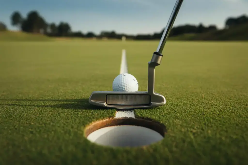 Low Angle Of Mallet Putter Aligned With Ball On Green