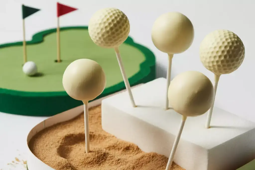 Golf Ball Cake Pops With Dimples Displayed In Sand With Green Felt