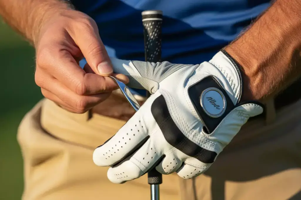 Golfer Pulling On Leather Golf Glove For Secure Grip