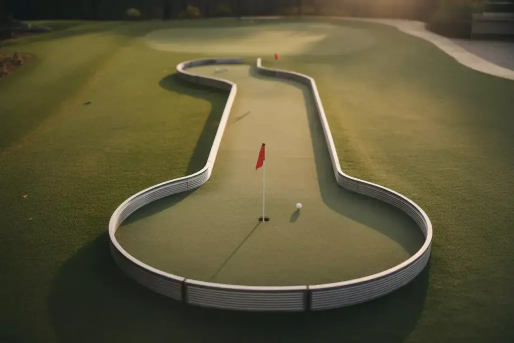 A Smoothly Curving Dogleg Putting Green With Aluminum Edging And Golf Ball At Tee