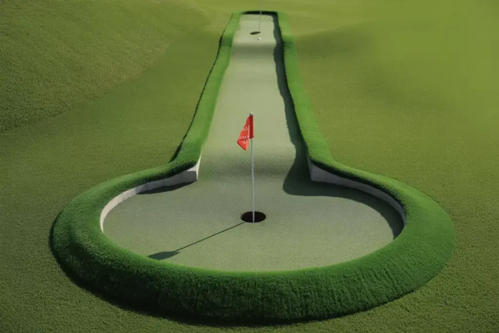 A Long Downhill Putting Green With An Uphill Catch Area Surrounding The Hole