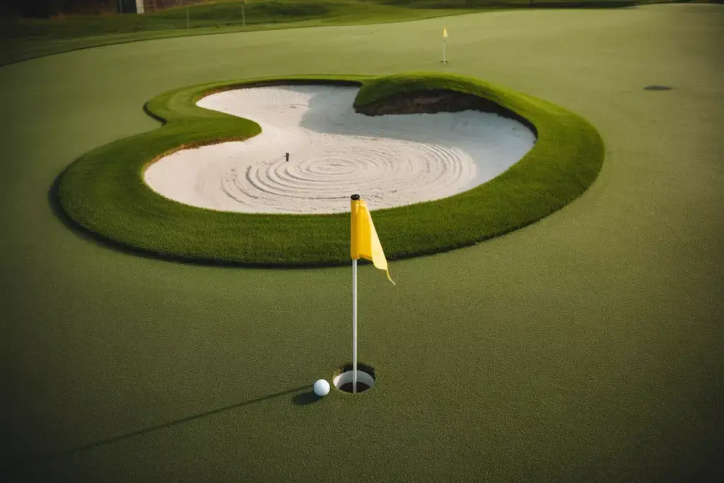 A Putting Green With A White Sand Bunker Obstacle And Golf Ball Navigating Around It