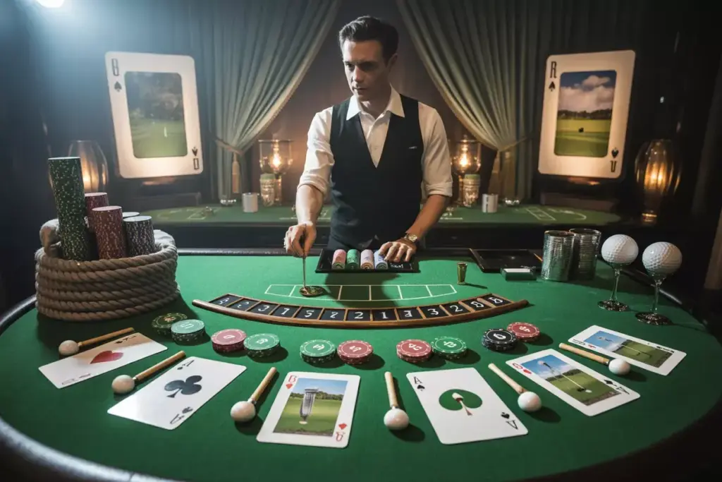 Casino Golf Night Green Felt Table With Putting Roulette Wheel And Golf Poker Chips