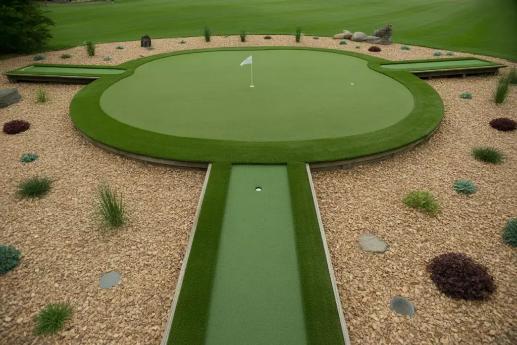 An Island Putting Green Surrounded By Mulch With Multiple Turf Approach Paths