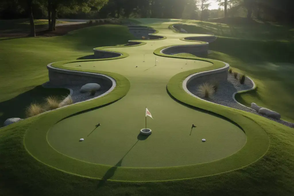 A Multi Level Putting Green With Elevated Tee Plateau And Downhill Approach To Hole