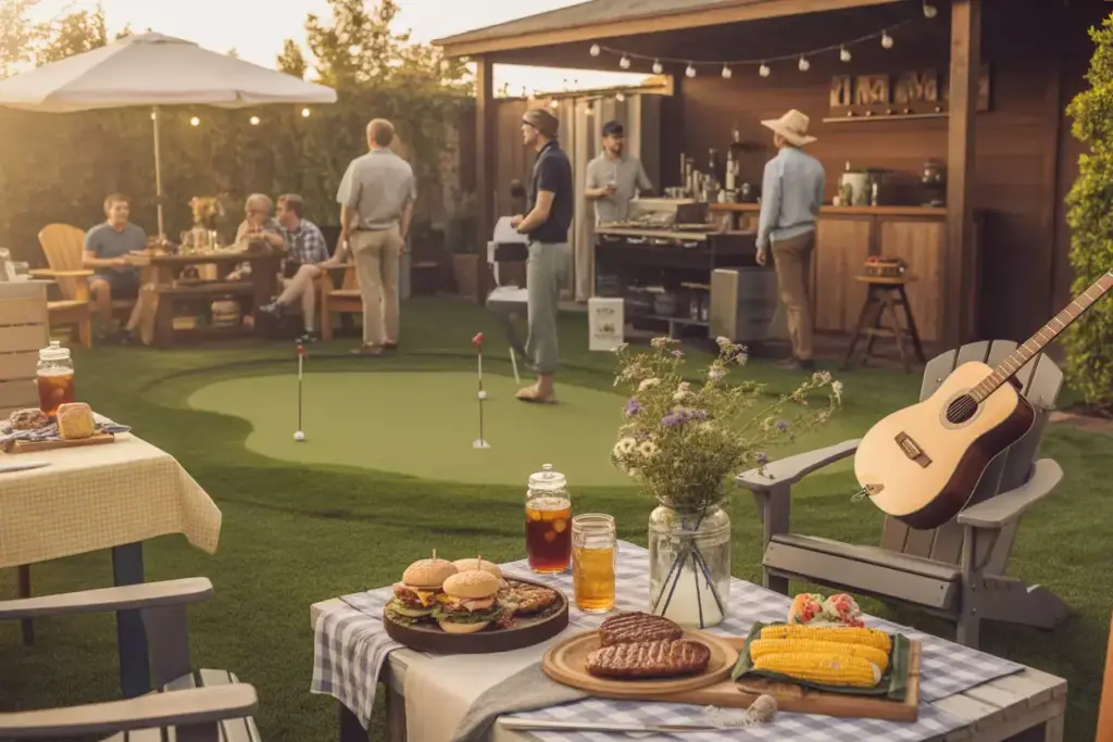 Golf And Barbecue Fusion Backyard With Putting Green Checkered Table And Grill
