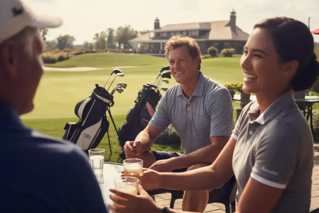 Networking And Golf Community Golfers Socializing On Patio After Round