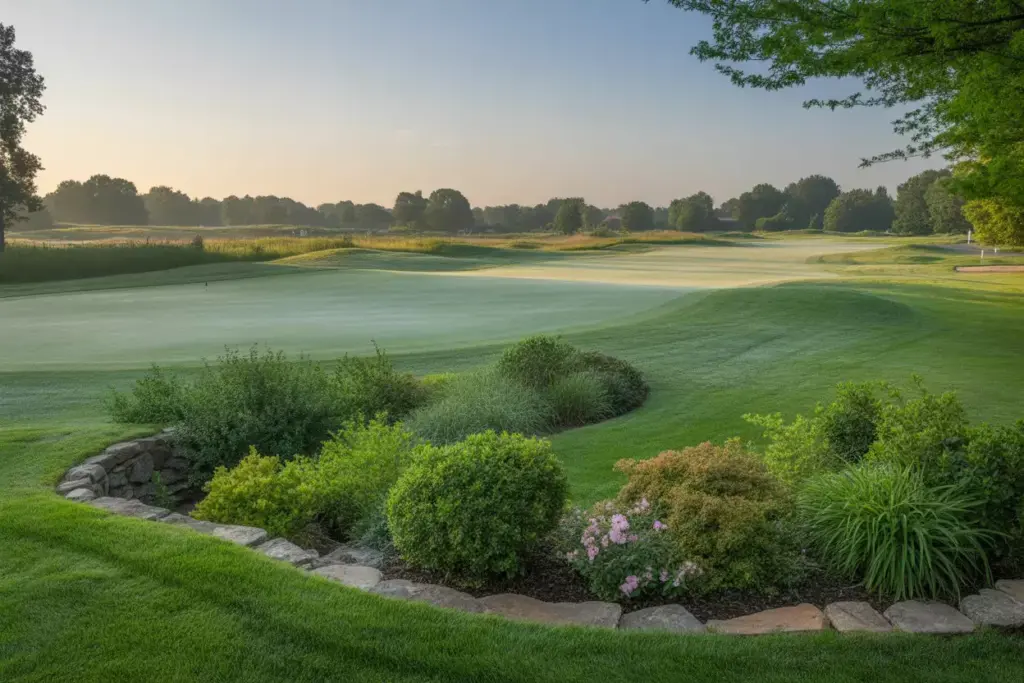 Create Seamless Transitions From Fairway To Backyard With Natural Stone Borders And Graduated Landscaping At Sunrise