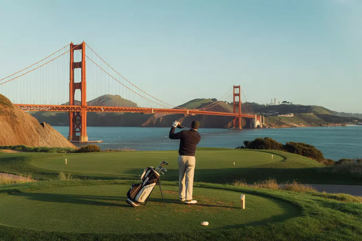 Lincoln Park Golfer On Tee Box With Golden Gate Bridge Panorama