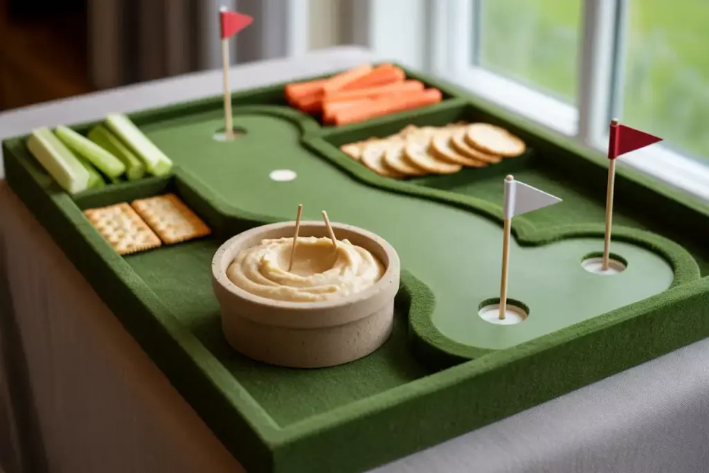 A Rectangular Putting Green Serving Tray With Vegetables And A Dip In A Sand Trap Bowl