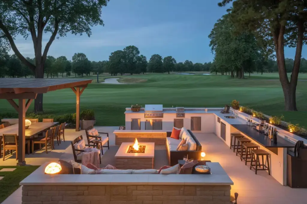 Design Premium Outdoor Entertainment Spaces With Kitchen Fire Pit And Dining Area Overlooking Golf Course