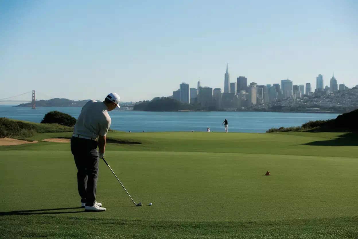 Tpc Harding Park Golfer With San Francisco Skyline Backdrop