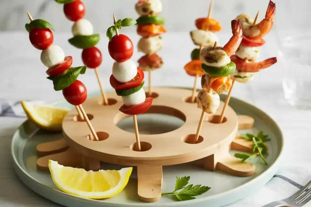 A Circular Appetizer Plate With Tee Shaped Holders And Skewered Tomatoes And Shrimp