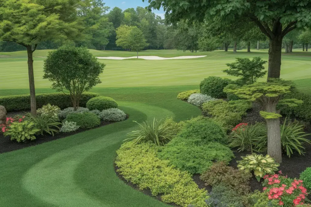 Install Professional Grade Landscaping With Layered Plants And Manicured Lawn Mirroring Golf Course Aesthetics