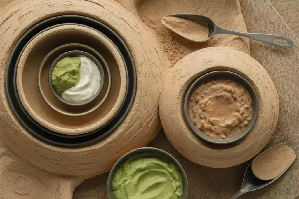 A Set Of Beige Sand Trap Textured Dip Bowls With Guacamole And A Sand Wedge Scoop