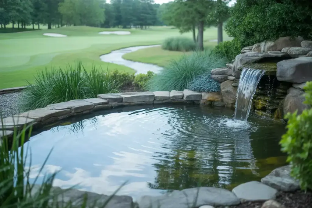 Incorporate Natural Stone Waterfall Water Feature In Backyard Harmonizing With Golf Course Pond