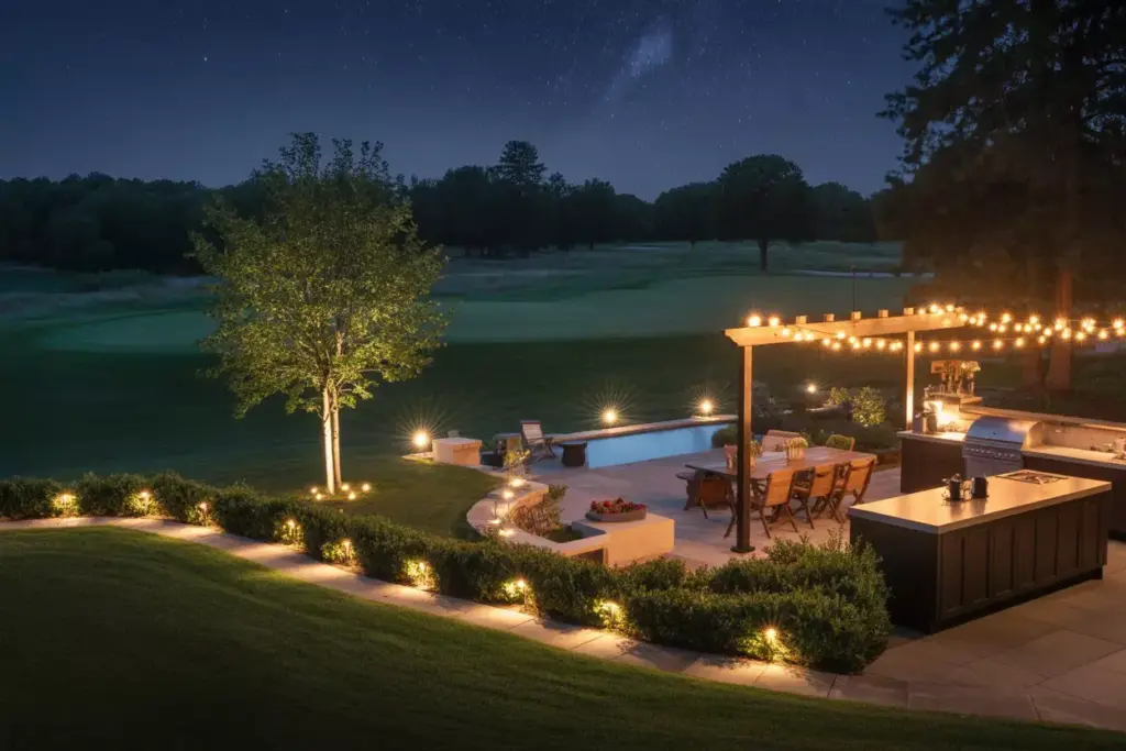 Establish Evening Outdoor Lighting With Pathway String And Accent Lights Overlooking Golf Course At Night
