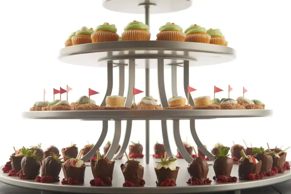 A Three Tiered Serving Stand With Cupcakes Petit Fours And Strawberries On Golf Themed Posts