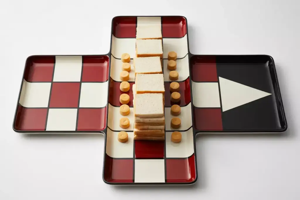 A Red And White Checkered Golf Flag Rectangular Platter With Neatly Arranged Tea Sandwiches