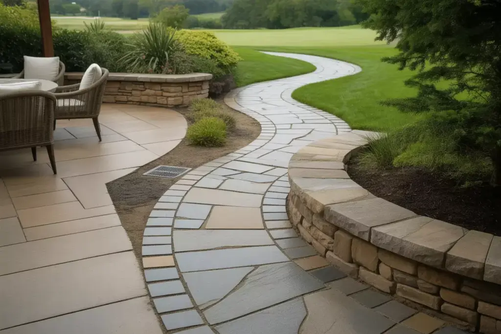 Install Premium Curved Flagstone Pathway And Patio Hardscaping In Backyard Leading To Golf Course Fairway