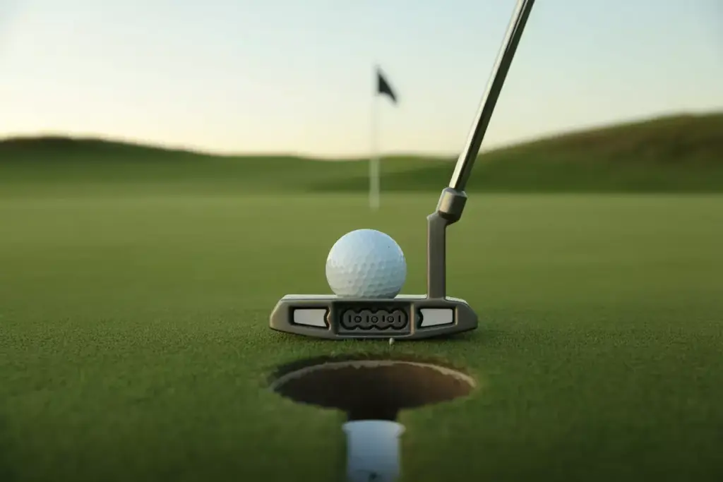 A Mallet Putter Aligned Behind A Golf Ball On A Manicured Putting Green