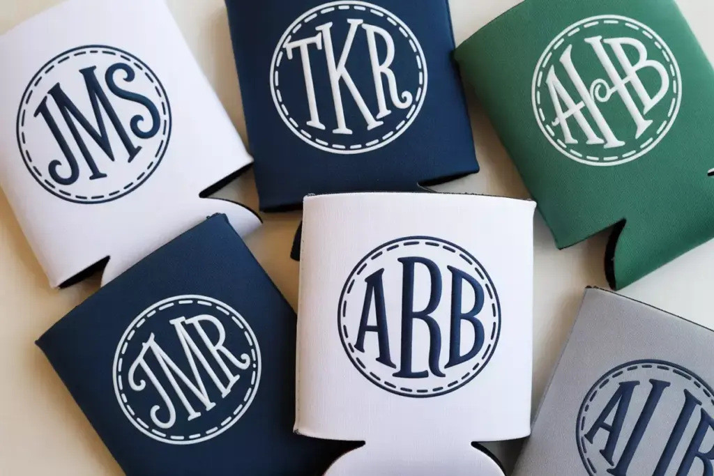 Classic Monogrammed Golf Ball Koozies With Initials And Wedding Date In Traditional Colors