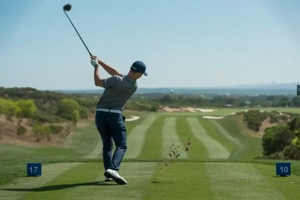 Exceptional Distance Gap Management Golfer Hitting 7 Wood Approach Shot