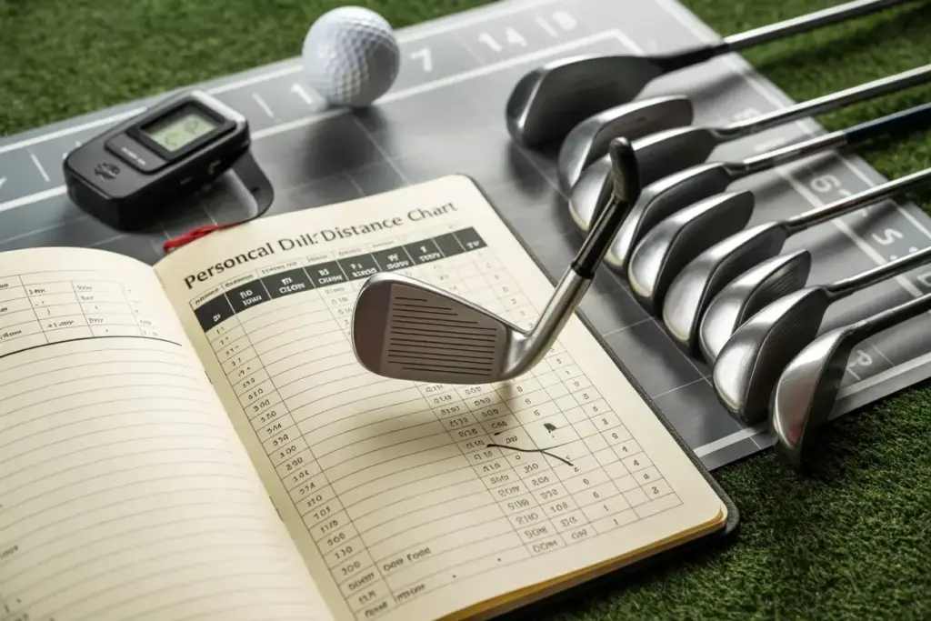 Personal Club Distance Chart Notebook Open With Irons Rangefinder And Golf Ball On Practice Mat