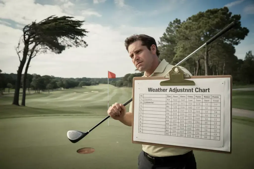 Golfer On Tee Box Consulting Weather Adjustment Chart With Wind Blowing Trees And Flag