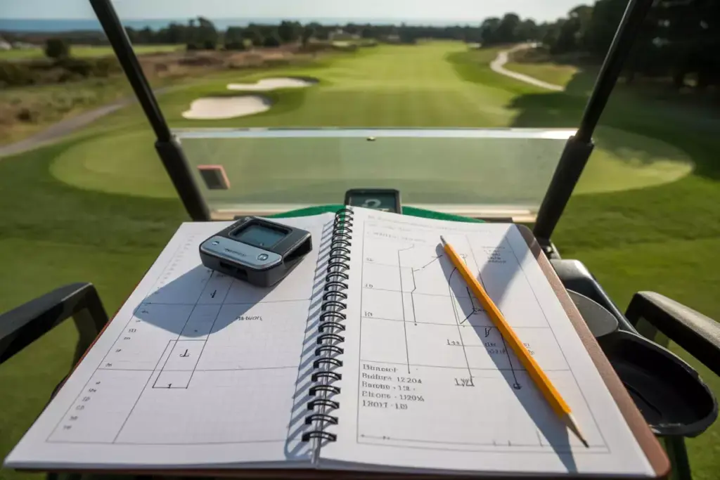 Overhead Shot Of Yardage Book And Rangefinder On Cart Overlooking Golf Hole With Hazards