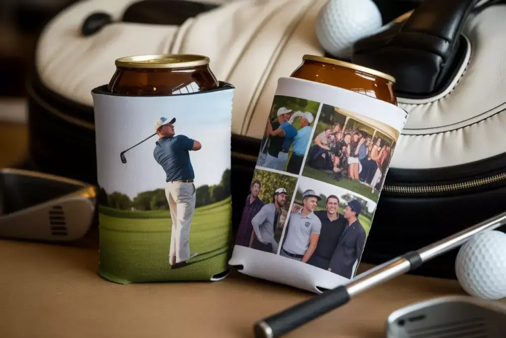Personalized Photo Collage Koozie Featuring Bachelor Party Memories Leaning On A Golf Bag