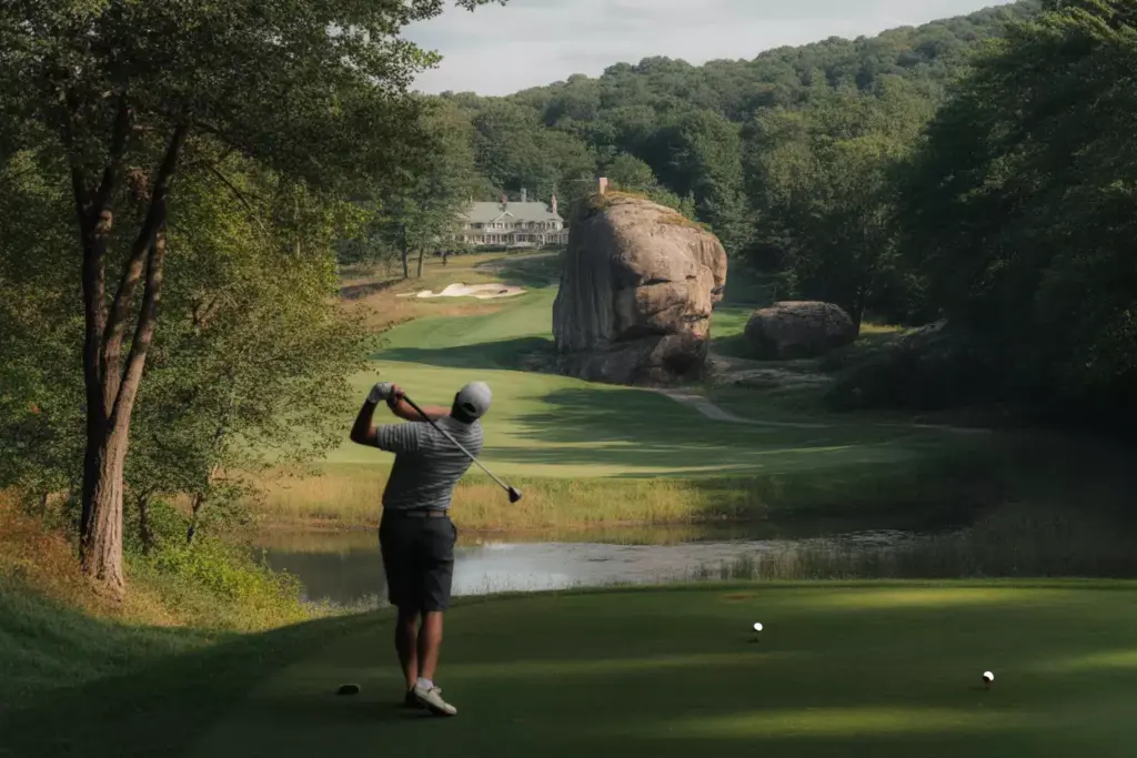Spook rock uphill eighteenth green protected by massive rock formation