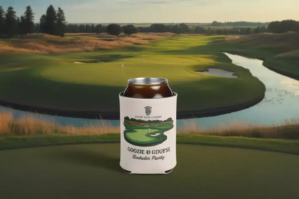 Koozie With Golf Course Logo And Hole Illustration Placed On The Actual Course Green At Sunset