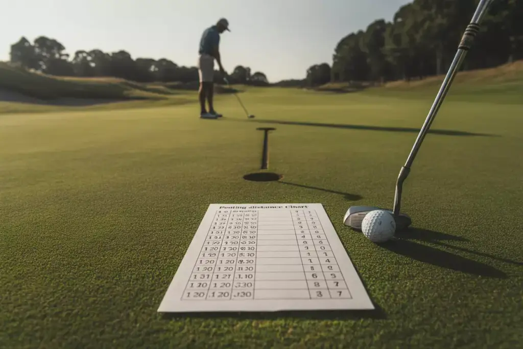 Low Angle Putting Distance Chart On Sloping Green With Golfer Reading Long Putt